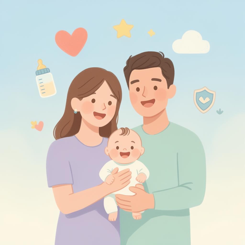Família feliz cuidando do bebê com Crescer+
